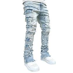 Herren Stacked Ripped Patched Jeans Straight Slim Fit Skinny Patchwork Jeans Hip Hop Retro Punk Jeans Hose, hellblau, 34-37 von PanLidapan