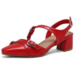 PanaLuxe Damen Mode Chunky Geschlossen Sandalen Elegant Pumps Low Heel Square Toe Arbeit Buro Kleid Schuhe Red Große 36 von PanaLuxe