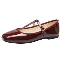 PanaLuxe Damen Weich Mary Jane Flach Shoes Rotwein Square Toe Bequeme Ballerinas mit Riemchen Wanderschuhe 37.5 von PanaLuxe