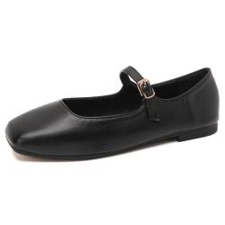 PanaLuxe Damen Weich Mary Jane Flach Shoes Schwarz Square Toe Bequeme Ballerinas mit Riemchen Wanderschuhe 41 von PanaLuxe