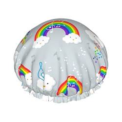 Duschhaube mit Cartoon-Regenbogen- und Musikmuster, Schlafmütze, doppellagig, wasserdicht, elastisch, Badekappe, wiederverwendbar, Bade-Haarkappe von PanaRL
