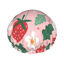Duschhaube mit Erdbeeren und Blättern auf hellrosa, Schlafmütze, doppellagig, wasserdicht, elastisch, wiederverwendbare Bade-Haarkappe von PanaRL