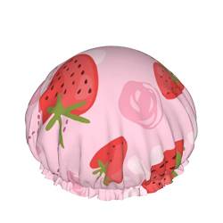 Erdbeer-Joghurt-Love-Rosa-Duschhaube, Schlafmütze, doppellagig, wasserdicht, elastisch, Badekappe, wiederverwendbar, Bade-Haarkappe von PanaRL