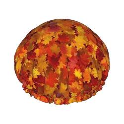 Herbst-Thanksgiving-Herbst-Duschhaube mit rotem Ahornblatt-Aufdruck, Schlafmütze, doppellagige, wasserdichte, elastische Badekappe, wiederverwendbare Bade-Haarkappe von PanaRL