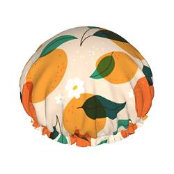 Orangen, weiße Gänseblümchen und Blätter auf hellrosa Duschhaube, Schlafmütze, doppellagige, wasserdichte, elastische Badekappe, wiederverwendbare Bade-Haarkappe von PanaRL