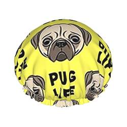 Pug Life Duschhaube mit süßem Mopsgesicht, gelb, Schlafmütze, doppellagig, wasserdicht, elastisch, Badekappe, wiederverwendbar, Bade-Haarkappe von PanaRL