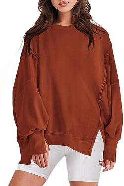 Panadila Damen Oversized Crewneck Sweatshirt mit Seitenschlitzen Casual Langarm Pullover Loose Fit Shirts, Rostig, S von Panadila