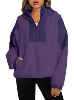 Panadila Damen-Pullover mit halbem Reißverschluss und Taschen, Sherpa-Kapuzenpullover, übergroßes Kapuzen-Sweatshirt, warme Fleecejacken, Dunkles Violett, M von Panadila