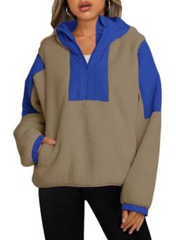 Panadila Damen-Pullover mit halbem Reißverschluss und Taschen, Sherpa-Kapuzenpullover, übergroßes Kapuzen-Sweatshirt, warme Fleecejacken, Hellkhaki, M von Panadila