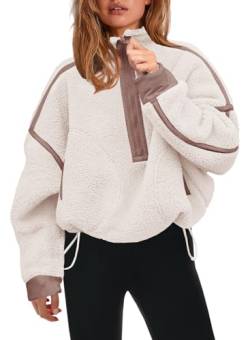 Panadila Damen-Sweatshirt mit halbem Reißverschluss, Sherpa-Fleece, weich, übergroß, mit Taschen, warmer flauschiger Pullover, Beige, M von Panadila