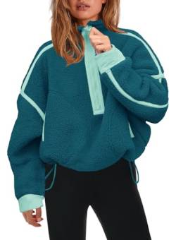 Panadila Damen-Sweatshirt mit halbem Reißverschluss, Sherpa-Fleece, weich, übergroß, mit Taschen, warmer flauschiger Pullover, Blaugrün/Ein Hauch von Paradies (Trace of Paradise), XXL von Panadila