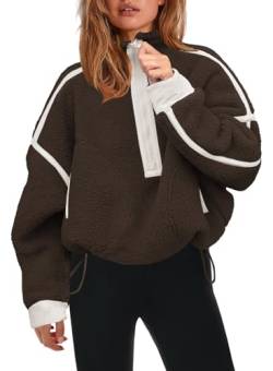 Panadila Damen-Sweatshirt mit halbem Reißverschluss, Sherpa-Fleece, weich, übergroß, mit Taschen, warmer flauschiger Pullover, Braun, M von Panadila