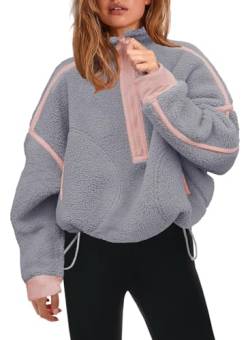 Panadila Damen-Sweatshirt mit halbem Reißverschluss, Sherpa-Fleece, weich, übergroß, mit Taschen, warmer flauschiger Pullover, GRAU, M von Panadila