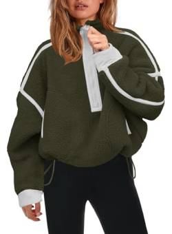 Panadila Damen-Sweatshirt mit halbem Reißverschluss, Sherpa-Fleece, weich, übergroß, mit Taschen, warmer flauschiger Pullover, Grün (Army Green), L von Panadila