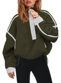 Panadila Damen-Sweatshirt mit halbem Reißverschluss, Sherpa-Fleece, weich, übergroß, mit Taschen, warmer flauschiger Pullover, Grün (Army Green), S von Panadila