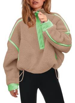 Panadila Damen-Sweatshirt mit halbem Reißverschluss, Sherpa-Fleece, weich, übergroß, mit Taschen, warmer flauschiger Pullover, Hellkhaki, S von Panadila