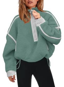 Panadila Damen-Sweatshirt mit halbem Reißverschluss, Sherpa-Fleece, weich, übergroß, mit Taschen, warmer flauschiger Pullover, Salbei, L von Panadila