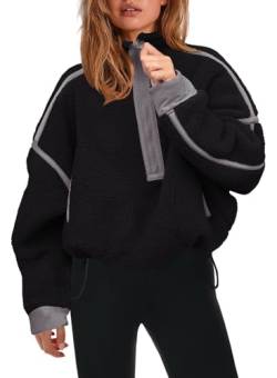 Panadila Damen-Sweatshirt mit halbem Reißverschluss, Sherpa-Fleece, weich, übergroß, mit Taschen, warmer flauschiger Pullover, Schwarz, L von Panadila