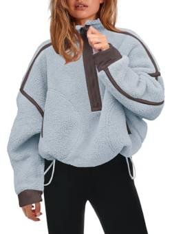 Panadila Damen-Sweatshirt mit halbem Reißverschluss, Sherpa-Fleece, weich, übergroß, mit Taschen, warmer flauschiger Pullover, dusty blue, M von Panadila