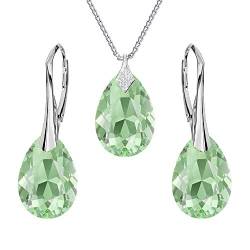 Ohrringe Silber 925 Hängend - Kette Damen mit Anhänger - Schmuck Set für Sie - mit Kristallen - Ohrringe Hängend und Halskette Damen Silber 925 in Form eines Tropfes (Peridot) von Panda-Jewellery