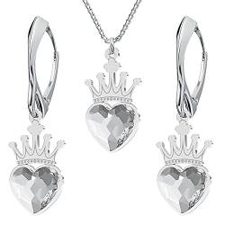 Panda-Jewellery Schmuckset für Damen Ohrringe Silber 925 Hängend Krone Herz Kette Damen mit Anhänger Schmuck Set für Sie mit Kristallen Ohrringe Hängend und Halskette Mädchen Geschenk Frauen von Panda-Jewellery