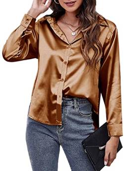 Button-Down-Hemden für Damen Glänzende seidenähnliche Blusen Lässige Schlichte Satin-Oberteile Langarm Solide Hemden für Damen Büroarbeit Business-Kleidung Braun M von Panegy