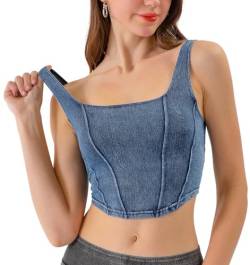 Damen Denim Korsett Top Quadratischer Hals Rippenstrick Bustier Tank Top Fitted Basic Solid Top Steetwear High Elastic Strap Slim Shapewear Blau XS von Panegy