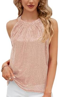 Damen Elegante Patchwork Pailletten Weste Top ärmellos Nacht Out Halter Hals Cami Tank für Party Glitter Shimmer Club A Line T Shirt Bluse Rosa von Panegy