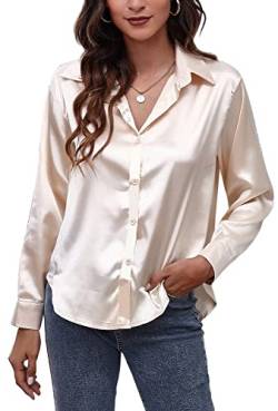 Damen Hemden Satin Bluse Button Down Lässige Oberteile Langarm Solide Hemden für Damen Glänzend Seidenartiges Hemd für Büroarbeit Business Abend Party Gold XL von Panegy