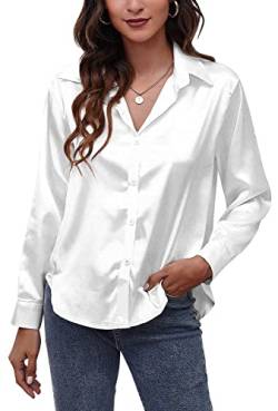 Damen Hemden mit Knöpfen Satin V-Ausschnitt Langarm Arbeitsbluse Oberteile Seide Elegante Freizeitoberteile Schlichte Knopfleiste Hemd für Business Abend Top Weiß M von Panegy