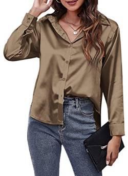 Damen Hemden vorne Button-Down Satin Blusen Lässige einfarbige Oberteile Seide Solide Langarmhemden für Damen Büro Arbeit Business Urlaub Tragen Braun M von Panegy