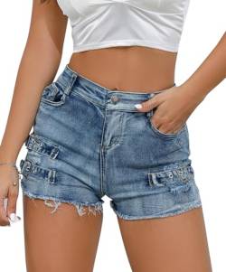 Damen Nachtclub Strand Jean Shorts Kordelzug Destroyed Shorts Sexy Sommer Hohe Taille Hot Pants Casual Denim Short für Frauen Blau XXS von Panegy