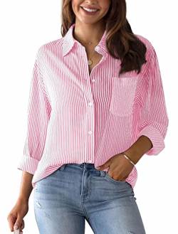 Damen Oberteile Elegante Langarm V-Ausschnitt Gestreifte Bluse Hemden mit Knöpfen Lässig Büro Arbeit Blusen Baumwolle Stilvolle Tunika Hemd Oberteile Basic Longline Hemden Rosa XL von Panegy