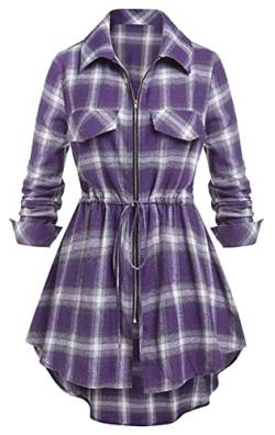 Damen Plaid Kleider Flanell Rüschenkleider Zip Down Shirt Kleider Casual Herbst Kleid Langarm Tartan Cocktailkleider Casual Tunika Shirt Mini Kleid Lila M von Panegy