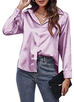 Damen Satin Blusen Lose Hemden Vorne Button Down Lässige Einfarbige Oberteile Langarm Solide Hemden für Damen Seidenhemd für Büro Arbeit Business Abend Party Lila L von Panegy