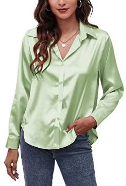Damen Satin-Hemden Button-Down-Bluse Solide Seide wie Oberteile Lässige Schlichte Revershemden für Damen Langarmhemd für Arbeit Business Hochzeit Party Grün XL von Panegy