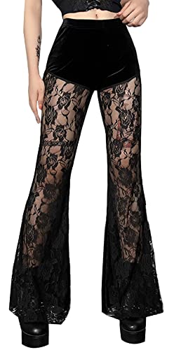 Damen Schlaghose Jeans Gothic Punk Lace Splice Lange Schlaghose Vintage Floral Scratched Pants Velvet High Waist Skinny Trousers Paillettenhose Schwarz M von Panegy