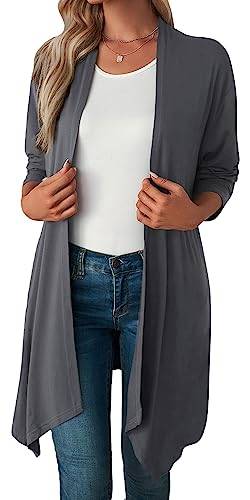 Damen Strickjacke Leichte Langarm Sommer Strickjacken Drapiert Vorne Offen Gestrickt Pullover Mantel Mittellang Wasserfall Geteilt Dusters Warm Baumwolle Pullover Cape Top Lose Outwear Grau M von Panegy