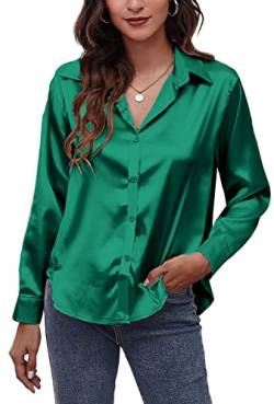 Damen V-Ausschnitt Shirts Langarm Satin Bluse Casual Elegant Tops Glänzende Seide wie Revers Shirts für Dame für Büro Arbeit Business Hochzeit Abend Party Grün L von Panegy