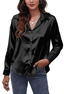 Damen V-Ausschnitt Weiß Hemden Blusen Langarm Oberteile Satin Revers Hemden Lässig Elegant für Damen Glänzend Seidenartig Hemd für Büro Arbeit Business Wear Schwarz M von Panegy