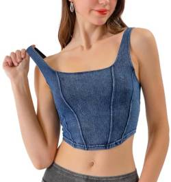 Denim Crop Top für Frauen Fashion Mesh Square Neck Outwear Slim Knitted Jean Bodyshaper High Stretchy Strap Bustier Tank Top Vest Blue M von Panegy