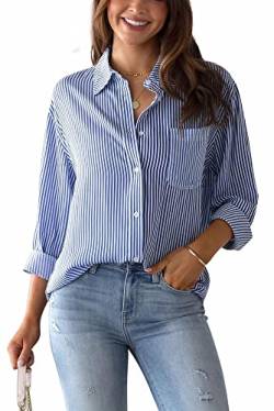 Frauen gestreifte Hemden Casual V-Ausschnitt Cuffed Long Sleeve Blusen Button Down Shirt Damen Tops Elegant Sommer Blusen Basic Longline Hemden Büro Arbeit Tops Blau XL von Panegy