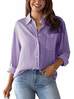 Gestreifte Damen Tops Button Down Langarm Bluse Cuffed Sleeve Collared Shirt Elegant V-Neck Causal Shirt Fashion Work Damen Tops Basic Longline Shirts Lila S von Panegy