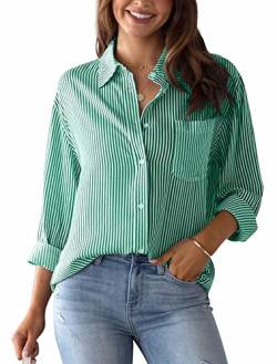 Gestreifte Hemden Frauen Casual Stylish V-Ausschnitt Button Down Cuffed Sleeve Blusen Hemden Tops Elegant Büro Arbeit Blusen Baumwolle Tunika Shirt Tops Basic Leinen Shirt Grün M von Panegy