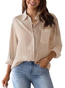 Gestreifte Hemden für Frauen Causal V Hals Blusen Button Down Shirt Langarm Tops Tuniken Kragenhemd Büro Arbeit Tops Basic Longline Shirts Khaki L von Panegy