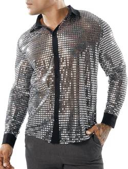 Herren 70er Jahre Metallic Hemden Langarm Casual Button Down Disco Kostüm Slim Fit Hip Hop Kleid Hemd Shiny Turndown Polo T-Shirt Silber von Panegy