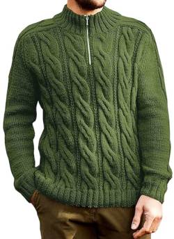 Herren Strickpullover Half Zip Plaid Fleece Sweater Warm Long Sleeve Stand Collar Pullover Slim Fit Basic Solid Knitwear Casual Tops Grün von Panegy
