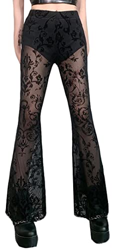 Jeansglocken für Frauen Casual Sexy Hollow Out Lace Flared Pants Flared Leggings Hippie Sparkle Sequin Trousers Embroidered Pants Schwarz M von Panegy