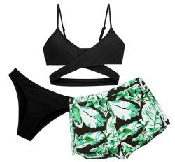 Kinder Mädchen Bikini Tankini Set 3 Stück Sommer Strand Badeanzug Pool Quick Dry Bademode Schwimmen Kostüm Badeanzug Crop Top mit Shorts Grün 10-11 Jahre von Panegy