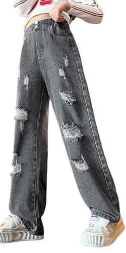 Kinder Mädchen Dehnbare Hosen Kinder Denim Mode Ausgefranste Hosen Entspannt Lose Passform Lässig Weites Bein Distressed Bootcut Zerrissene Jeans 11-12 Jahre von Panegy